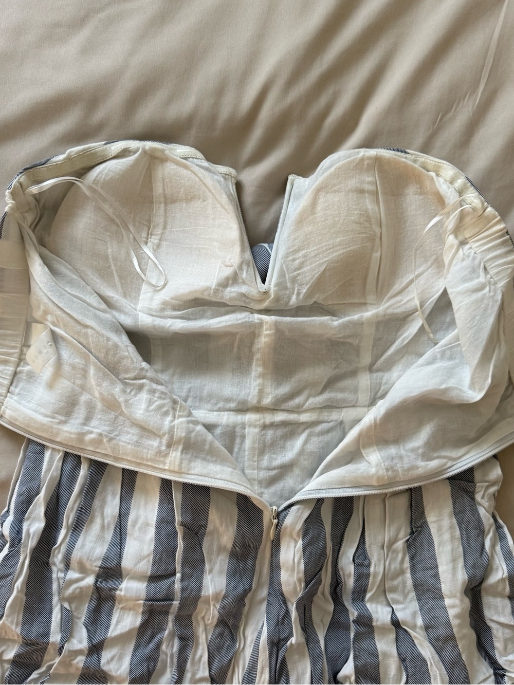 Striped Blue and White Tie-Front Strapless Romper - Picture 6 of 6